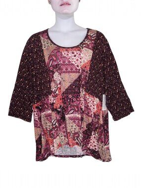 NEW Chelsea Studio Babydoll Tunic Top 30/32 3X Mixed Print Patchwork Mauve Wine